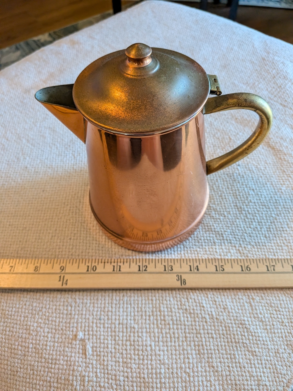 Vtg Copper-Color Stovetop Coffee Pitcher with Brass-Tone Handle